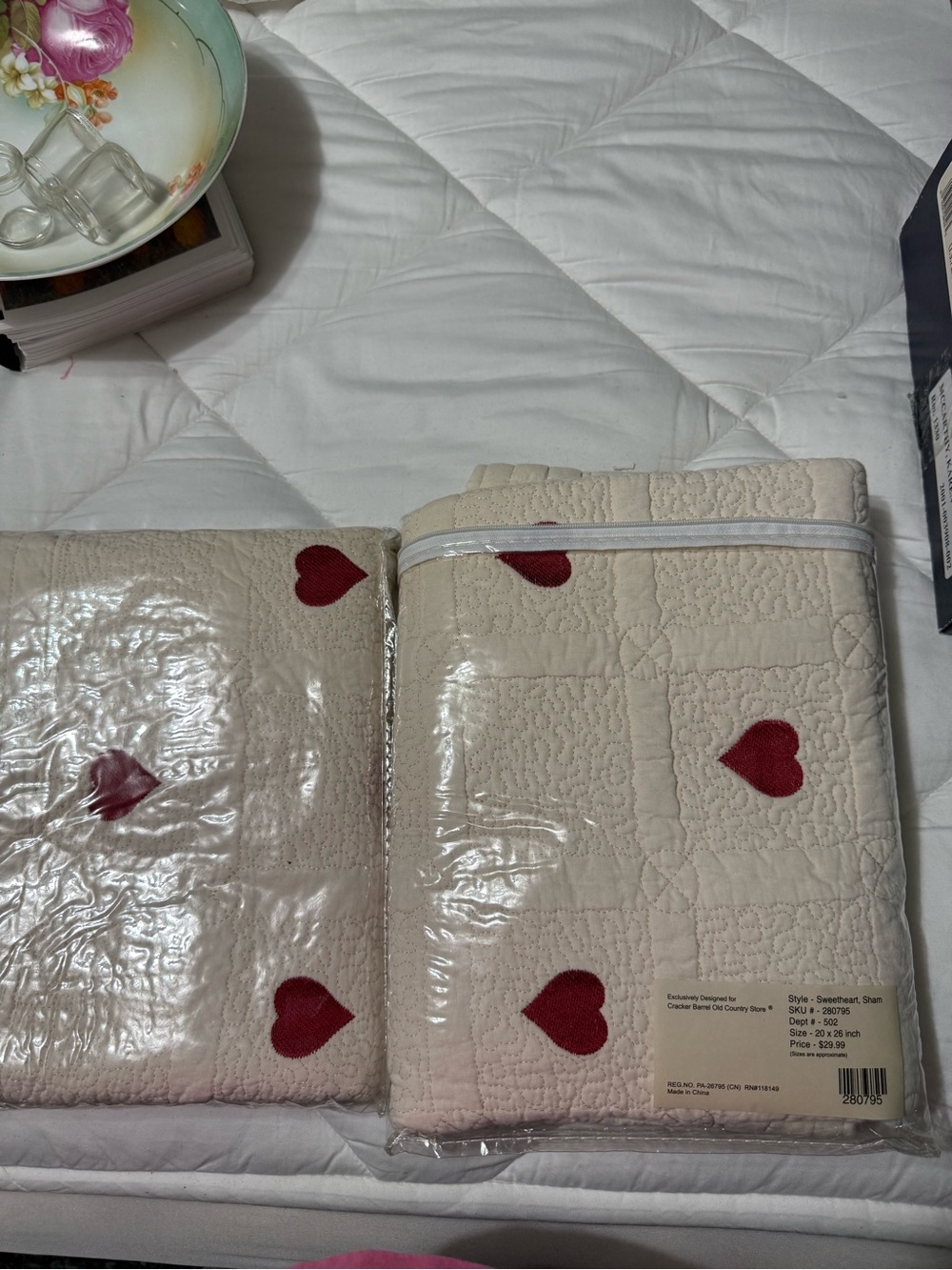 Heart-Embroidered Cream pillow sham Set - Charming Red Heart Design